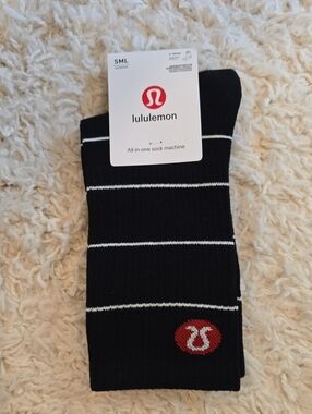 Lululemon athletica Black Crew Socks with White Stripes and Red Logo